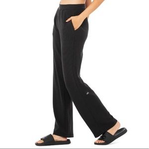 Black micro waffle high waist wide leg pant